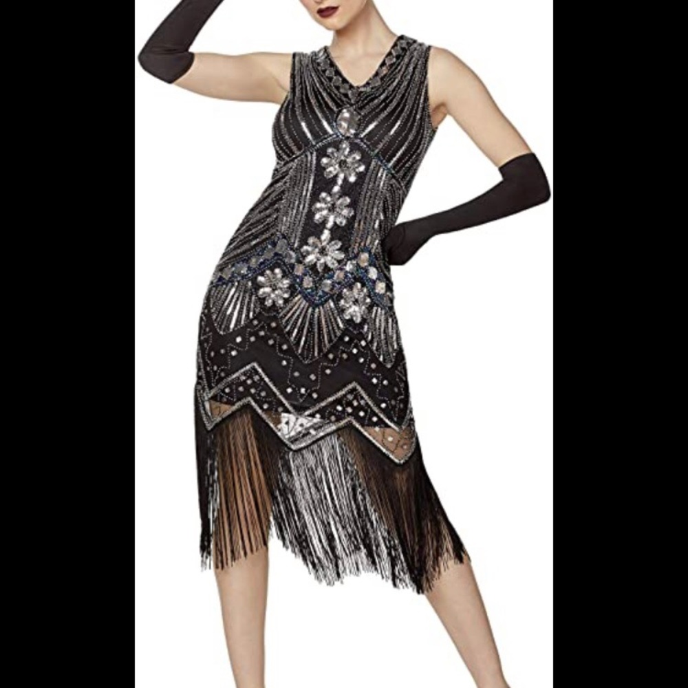 Spirit black beaded flapper fringe hem dress